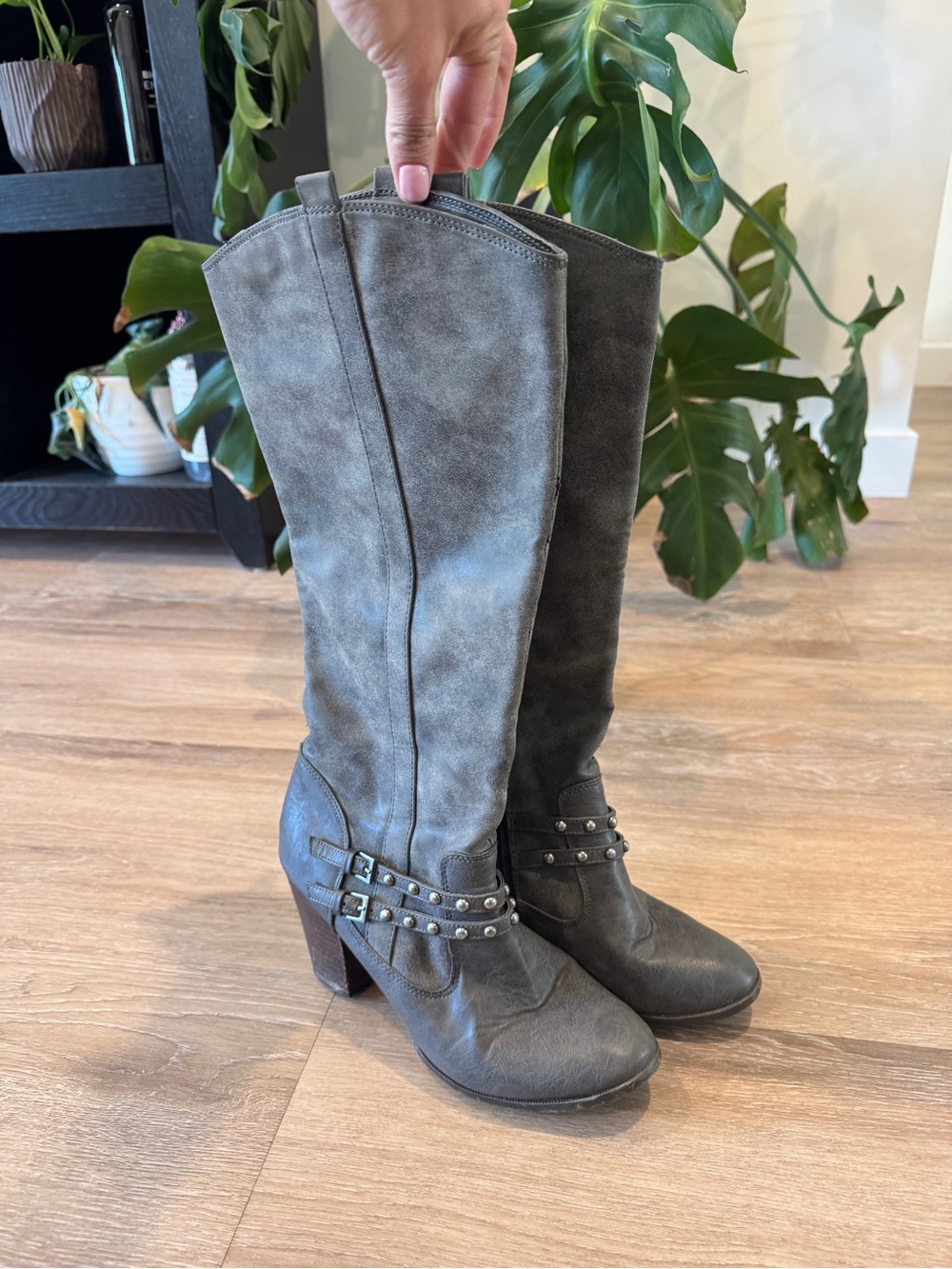 Women's Tall Studded Heeled Boots - Gray